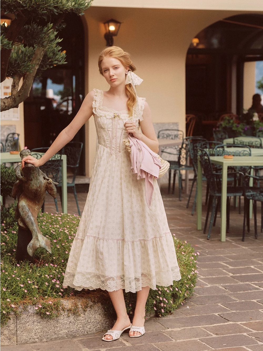 Cream Ruffle-Trim Maxi Dress with Delicate Lace